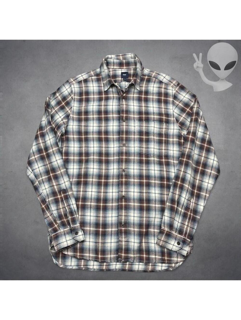 Gap Mens Small Plaid Flannel Button Up Shirt Blue Brown White Long Sleeve Crew